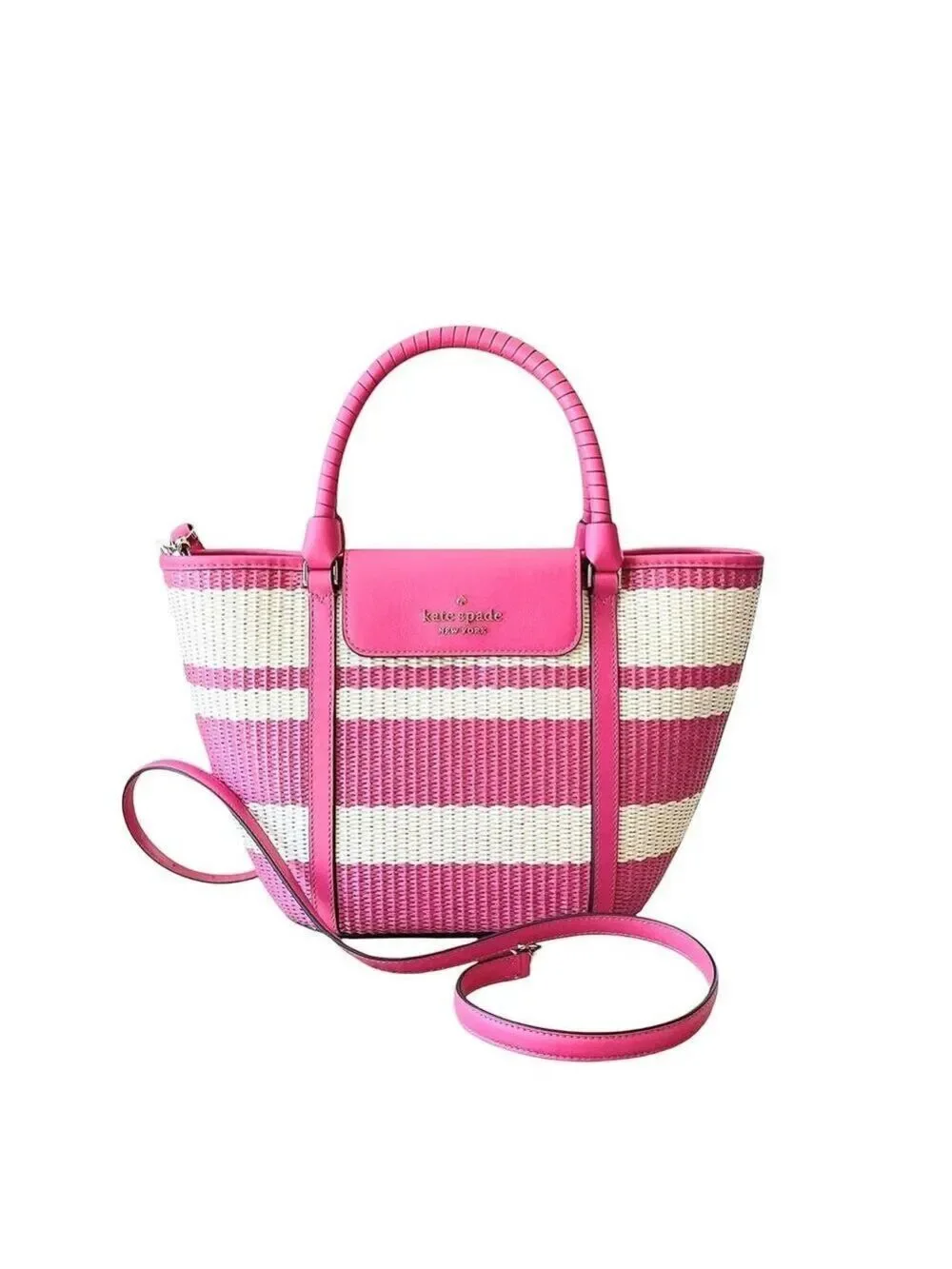 KATE SPADE MEDIUM STRAW / LEATHER CRUISE TOTE IN BIKINI PINK SPRING SUMMER PURSE